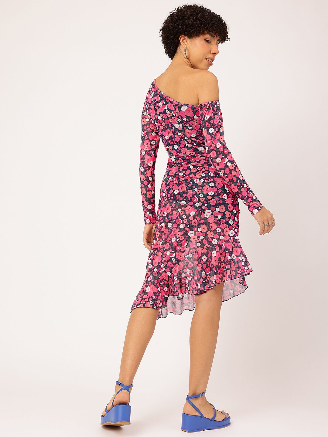 DressBerry Floral Frenzy Printed One Shoulder Net Sheath Dress