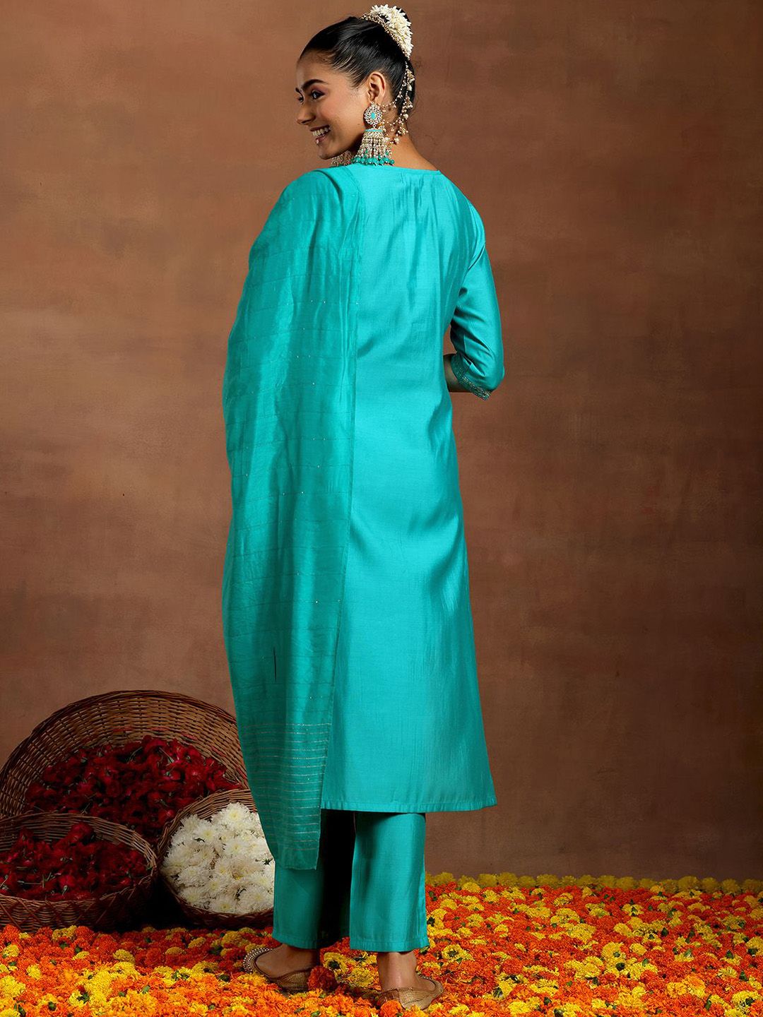 Gerua By Libas Floral Embroidered Sequinned Straight Kurta With Trouser & Dupatta