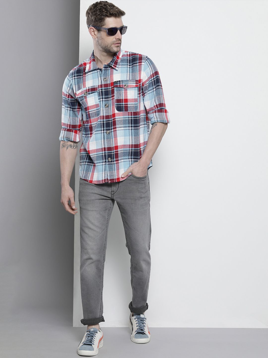 The Indian Garage Co Men Regular Fit Checked Double Flap Pocket Flannel Shirt