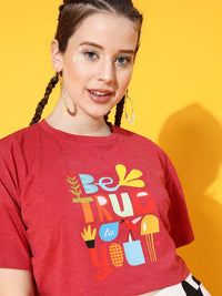 STREET 9 Women Red Printed Extended Sleeves Bio Finish Oversized  T-shirt
