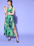 Berrylush Women Green & Yellow Tropical Print Crepe A-Line Maxi Dress