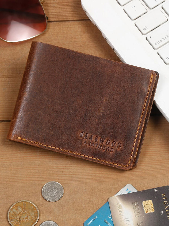 Dompet Kulit RFID Kulit Kayu Jati Lelaki Bertekstur Dua Lipat
