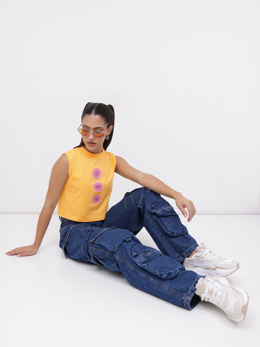 DressBerry Little Sunshine Printed Sleeveless Crop T-shirt