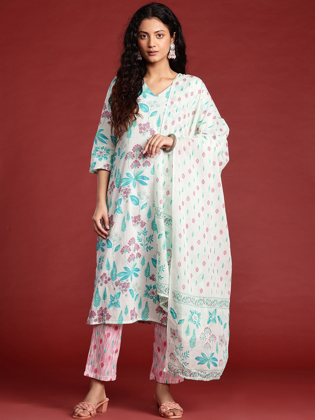 Anouk Ethnic Motifs Printed Cotton Kurta with Trousers & With Dupatta