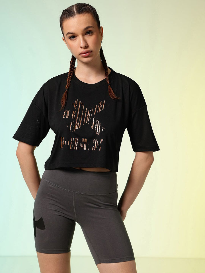 HRX by Hrithik Roshan ACTIVE-GODDESS Brand Logo Rapid Dry Training Boxy Fit Crop T-shirt