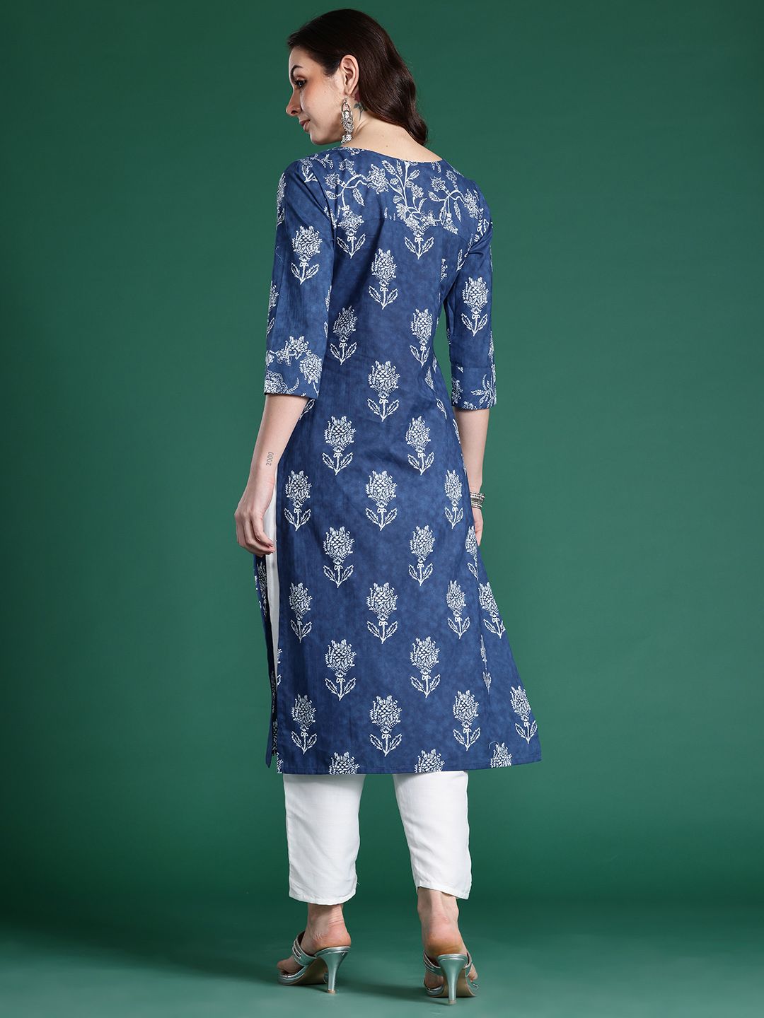 Indo Era Floral Printed Indigo Kurta