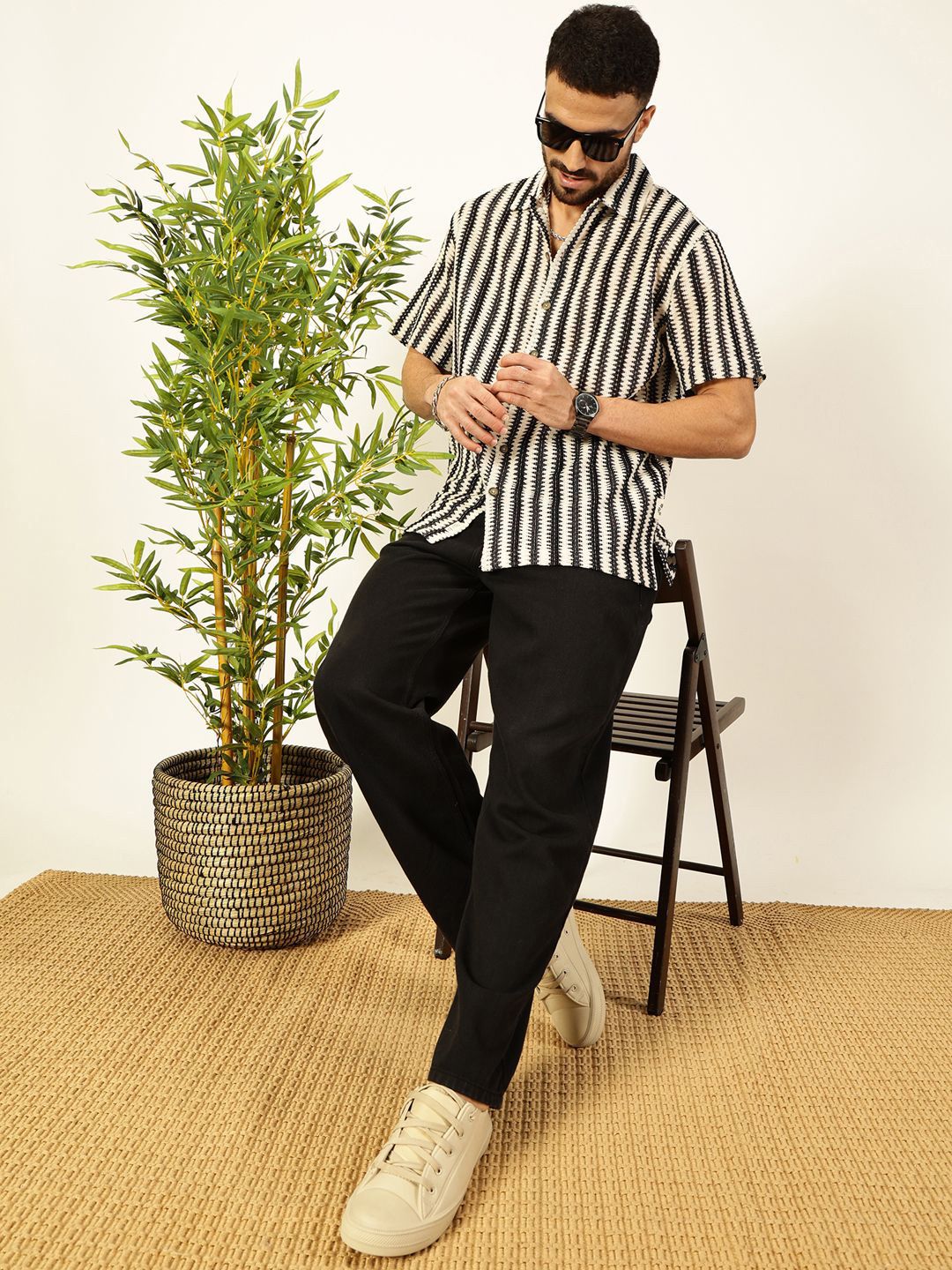 Thomas Scott Men Vertical Stripes Self Design Regular Fit Semi-Sheer Casual Crochet Shirt
