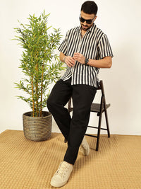 Thomas Scott Men Vertical Stripes Self Design Regular Fit Semi-Sheer Casual Crochet Shirt