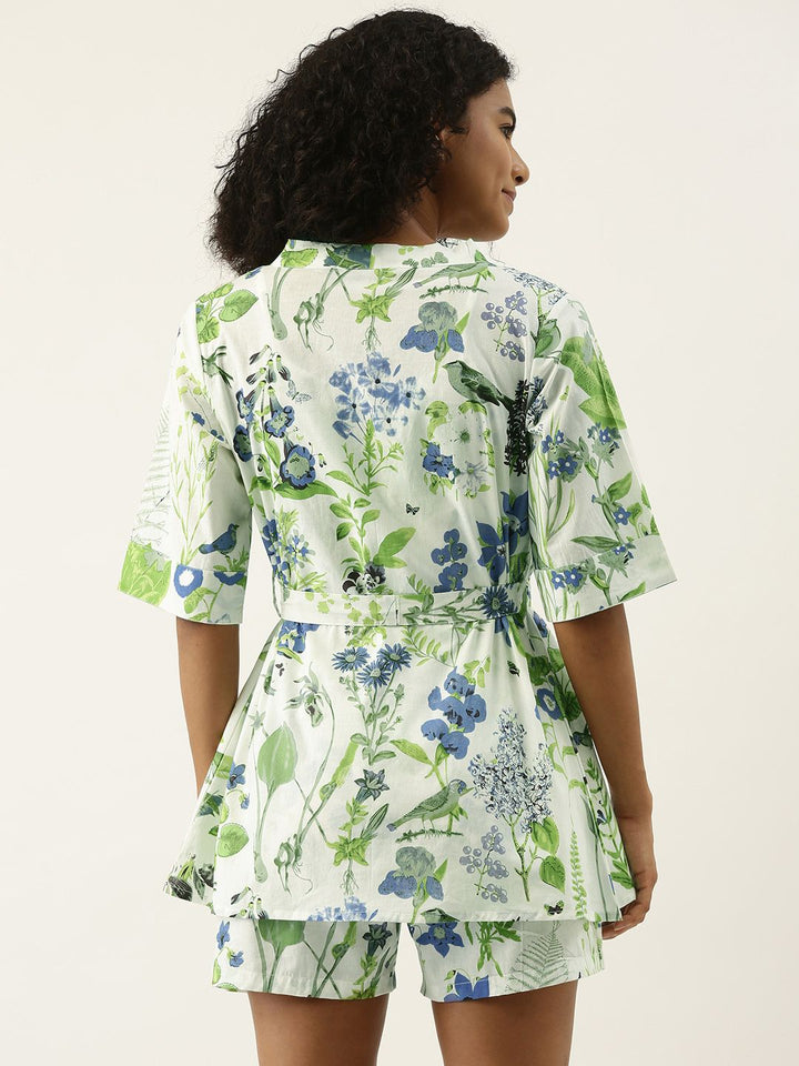 SANSKRUTIHOMES Women White & Green Printed Cotton Shorts Set with Robe