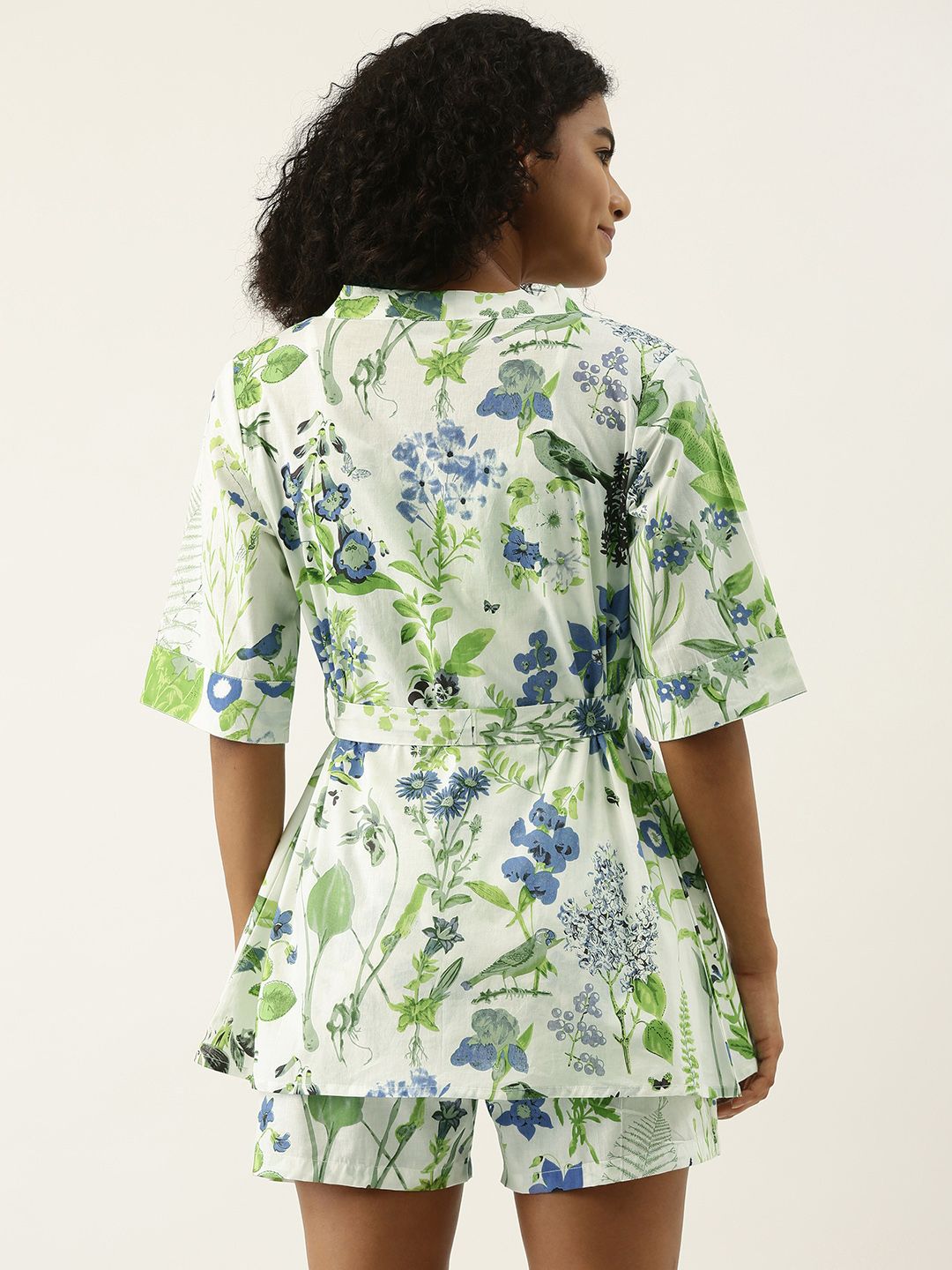 SANSKRUTIHOMES Women White & Green Printed Cotton Shorts Set with Robe