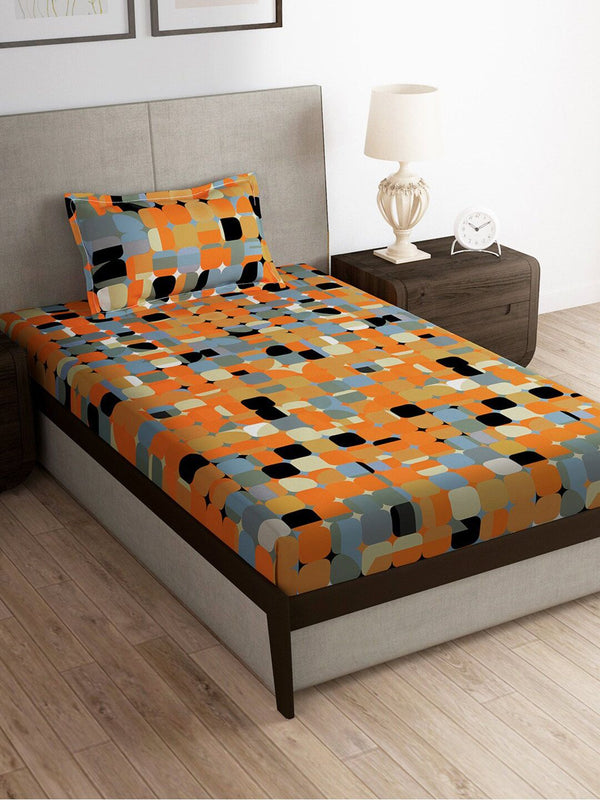 Story@home Orange & White Geometric Microfiber 180 TC Single Bedsheet With 1 Pillow Cover
