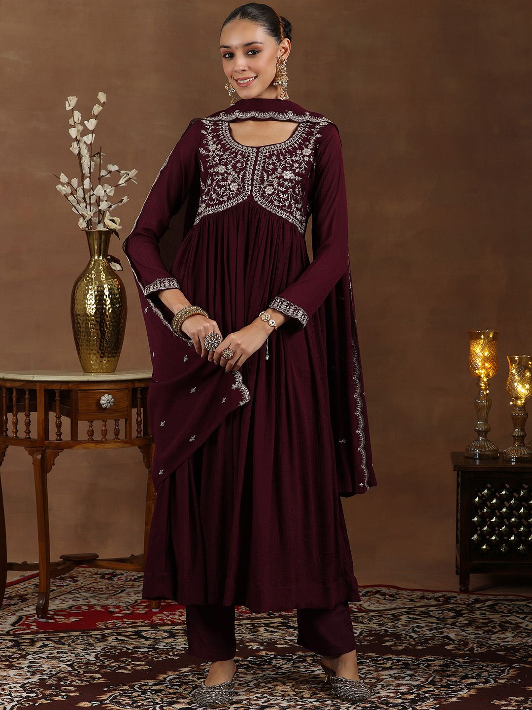 Libas Floral Yoke Design Pleated Sequinned A-Line Kurta With Trouser & Dupatta