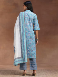 Libas Blue & White Floral Printed V-Neck Pure Cotton Kurta with Trousers & Dupatta