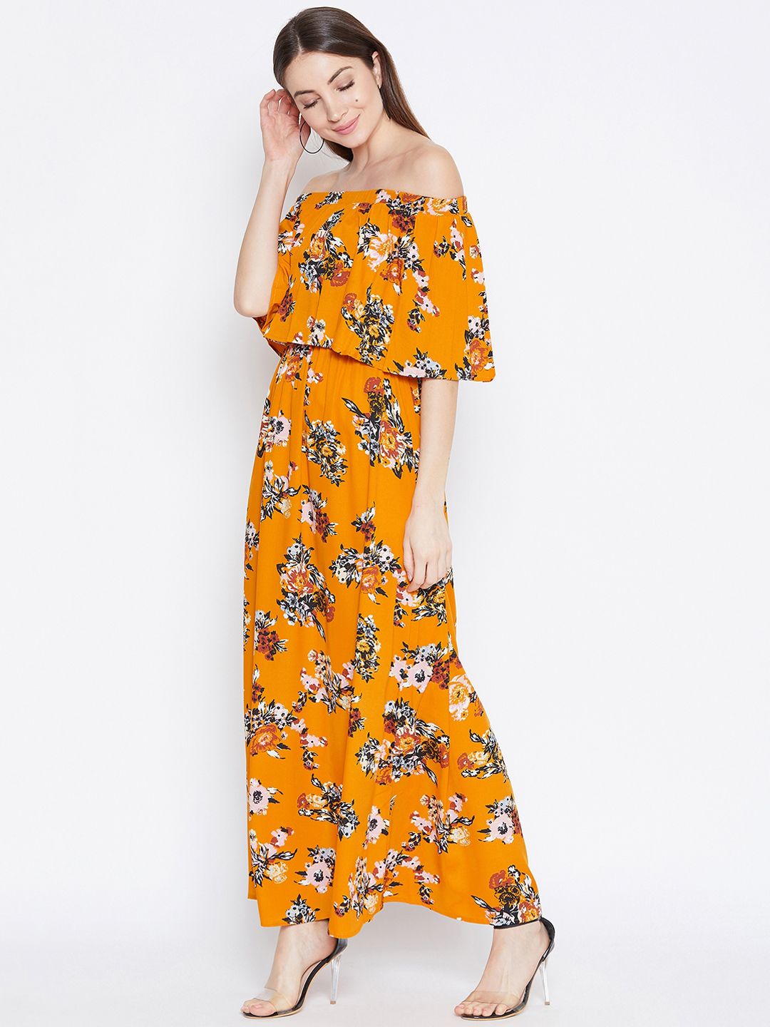 Berrylush Women Mustard Yellow & White Floral Printed Layered Maxi Dress