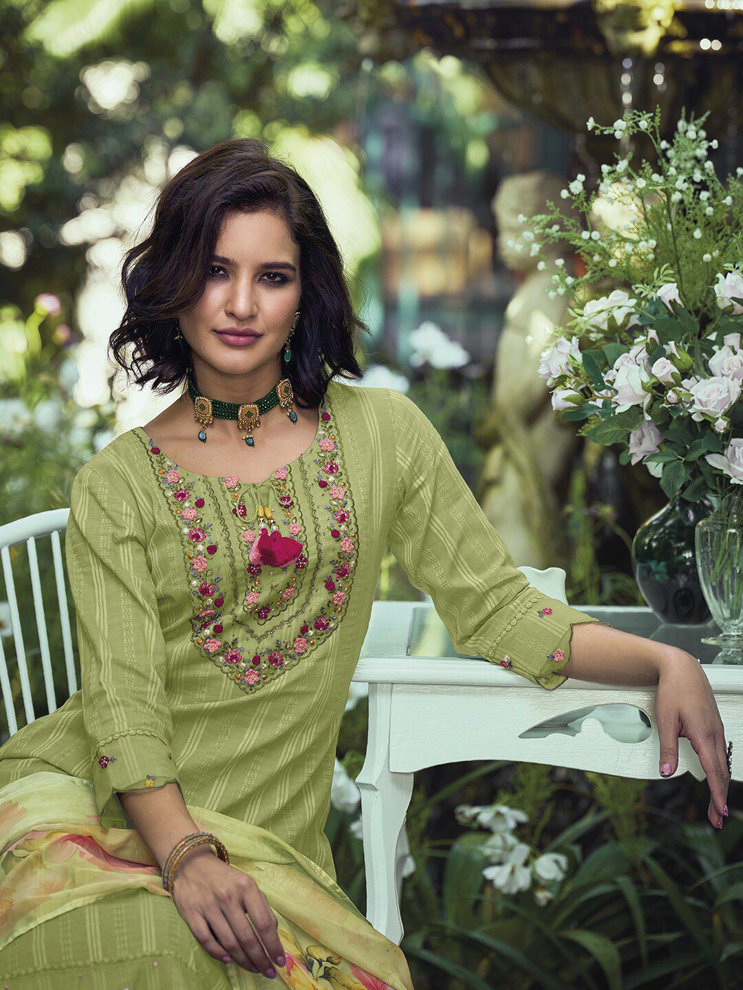 Indo Era Green & Pink Floral Embroidered Pure Cotton Kurta With Trousers & Dupatta