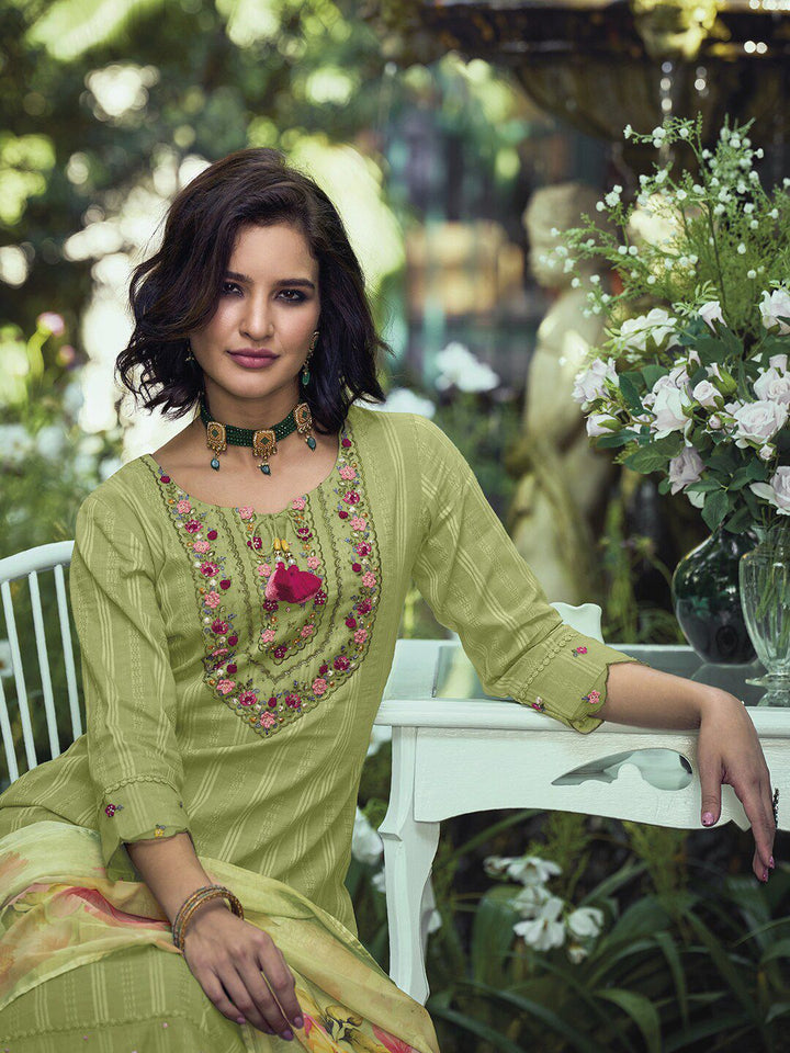 Indo Era Green & Pink Floral Embroidered Pure Cotton Kurta With Trousers & Dupatta