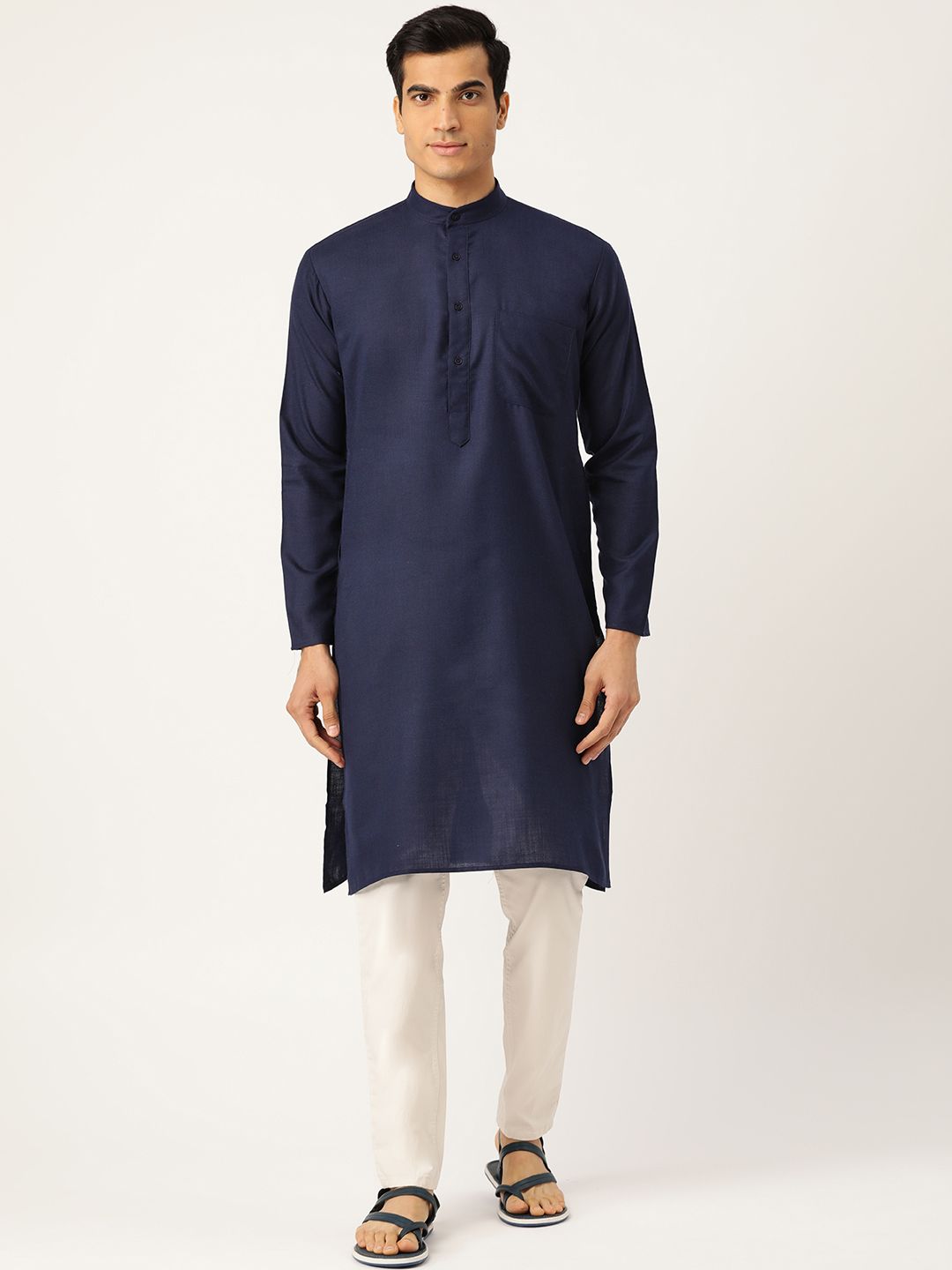 SOJANYA Lelaki Navy Blue Solid Kurta Lurus
