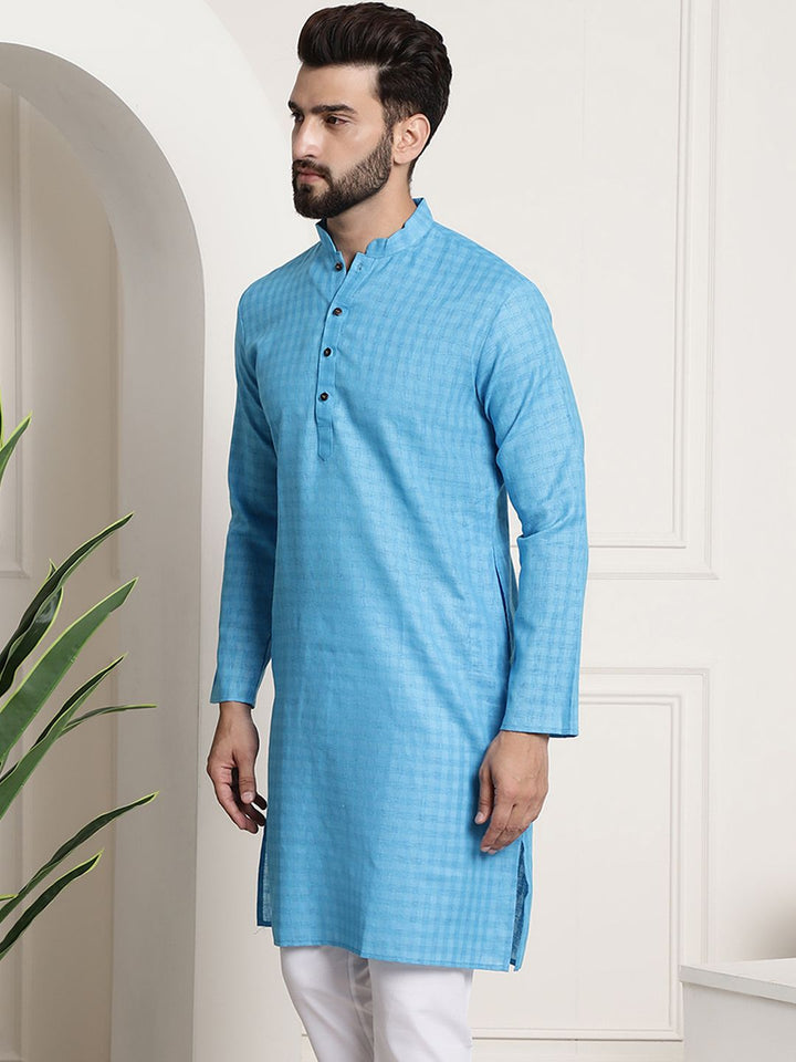 Anug by SOJANYA Men Blue Checked Dobby Mandarin Collar Kurta