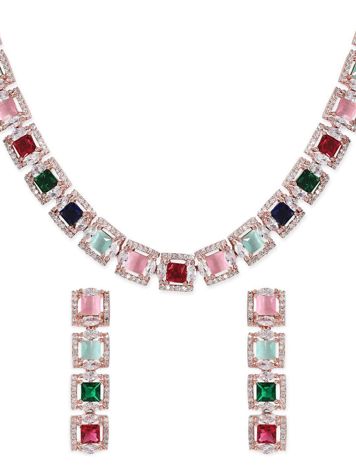 Rubans 22K Rose Gold Plated Multicolour Cubic Zirconia Studded Handcrafted Necklace Set.