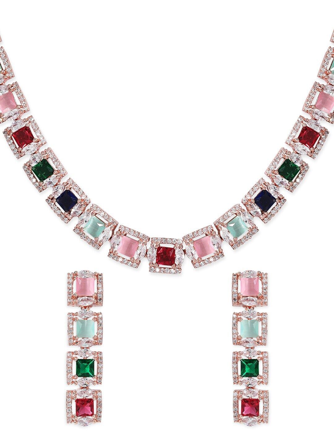 Rubans 22K Rose Gold Plated Multicolour Cubic Zirconia Studded Handcrafted Necklace Set.