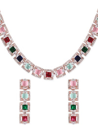 Rubans 22K Rose Gold Plated Multicolour Cubic Zirconia Studded Handcrafted Necklace Set.