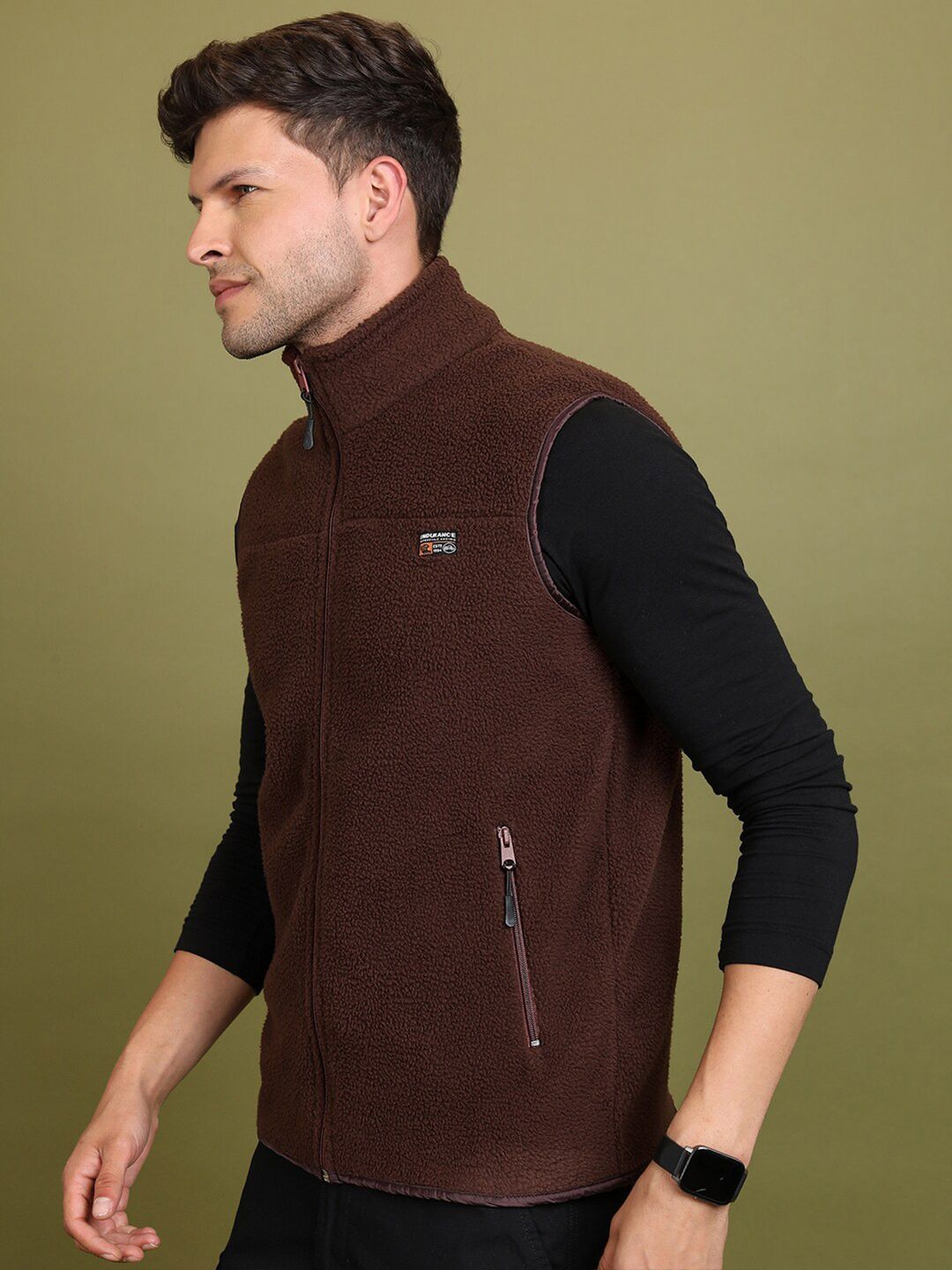 HIGHLANDER Mock Collar Sleeveless Front-Open Sweatshirt