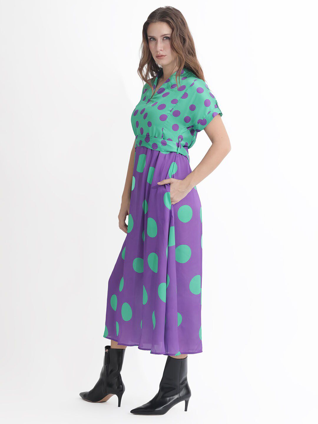 RAREISM Polka Dots Printed Belted A-line Dress