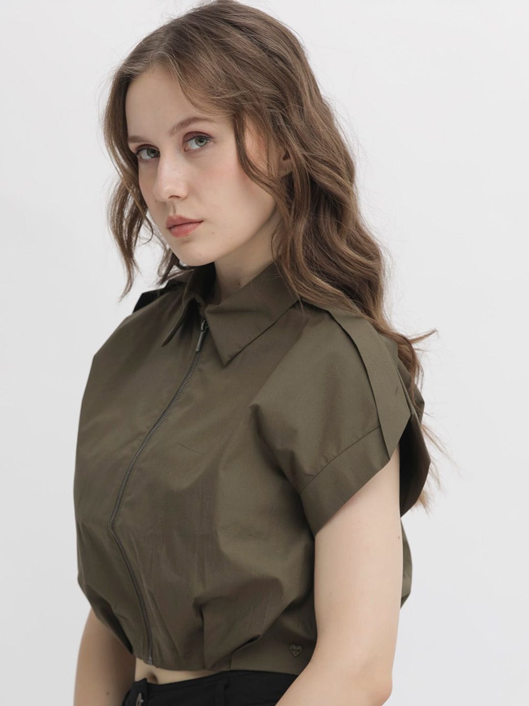 RAREISM Shirt Collar Extended Sleeves Crop Shirt Style Cotton Top