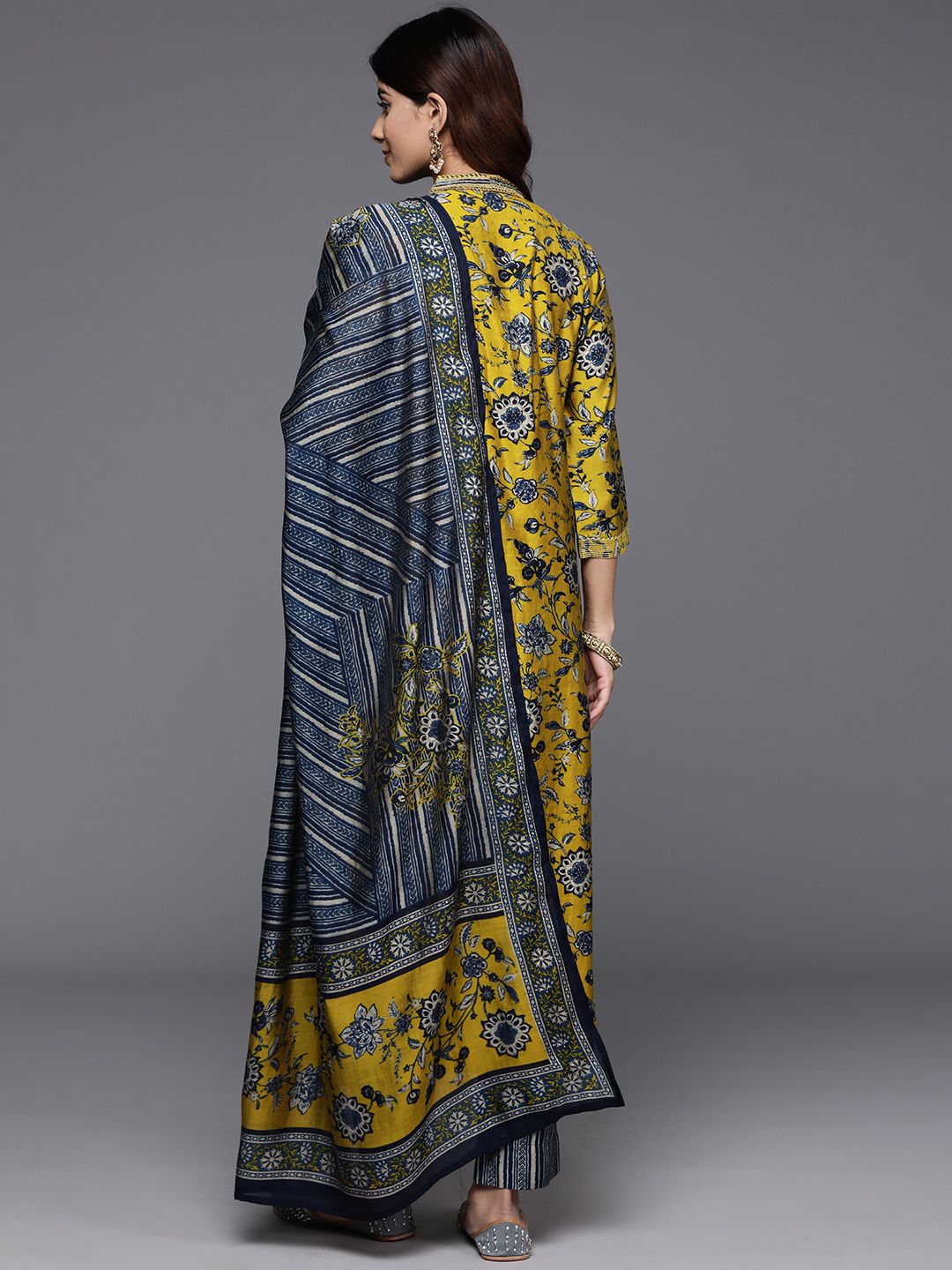 Varanga Floral Printed Sequinned Chanderi Silk Straight Kurta With Trouser & Dupatta