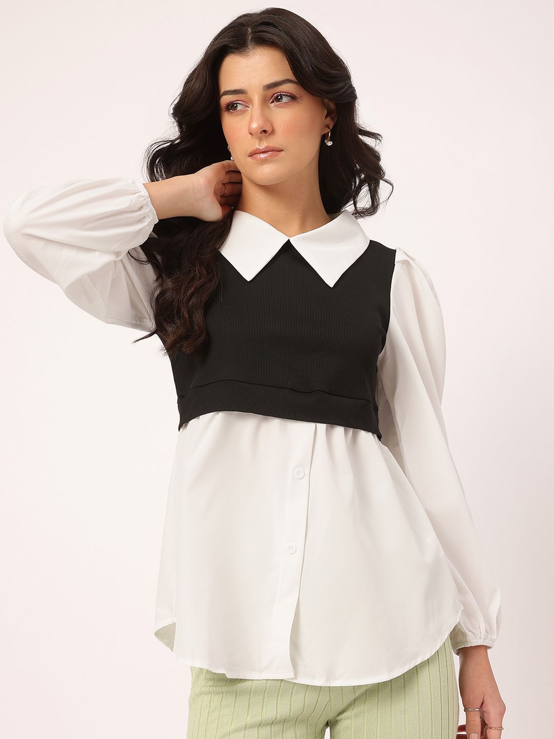 DressBerry Casually Sophisticated Layered Detail Puff Sleeves Shirt-Style Longline Top