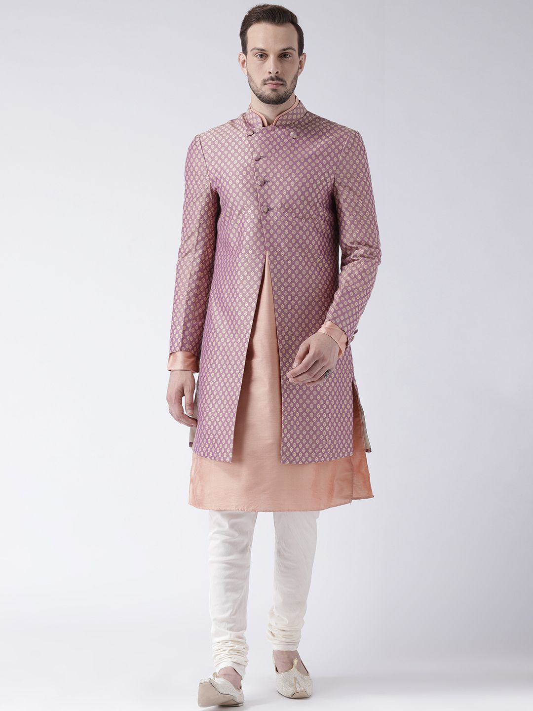 KISAH Men Peach-colored & Off-White Indowestern Sherwani Set
