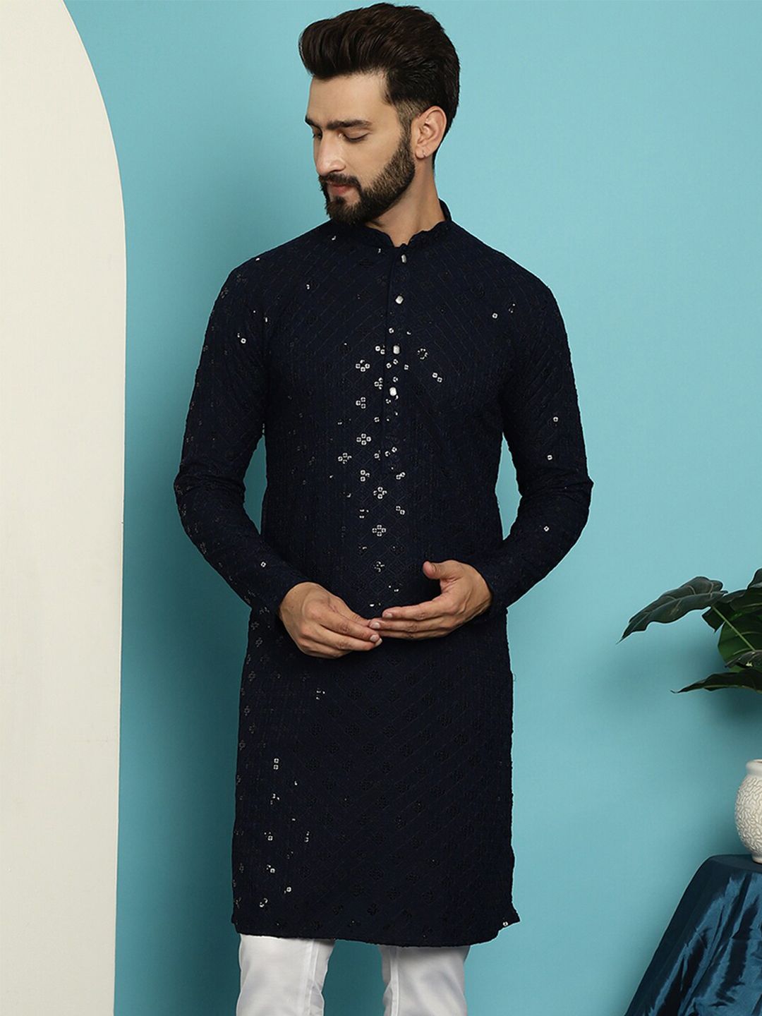 SOJANYA Ethnic Embroidered Sequined Pure Cotton Straight Kurta