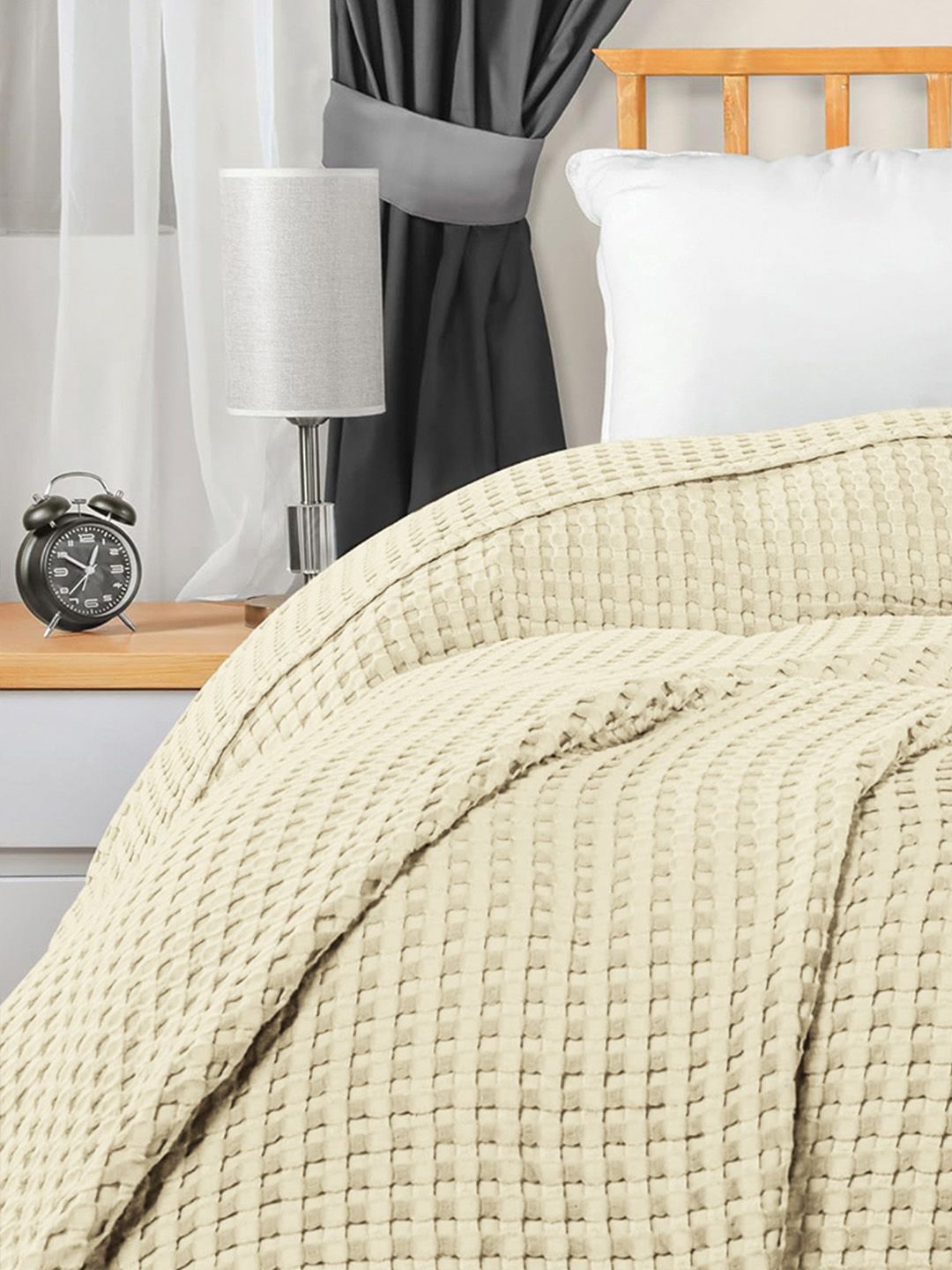 URBAN SPACE Beige Checked AC Room 150 GSM Cotton Double Bed Waffle Weave Blanket