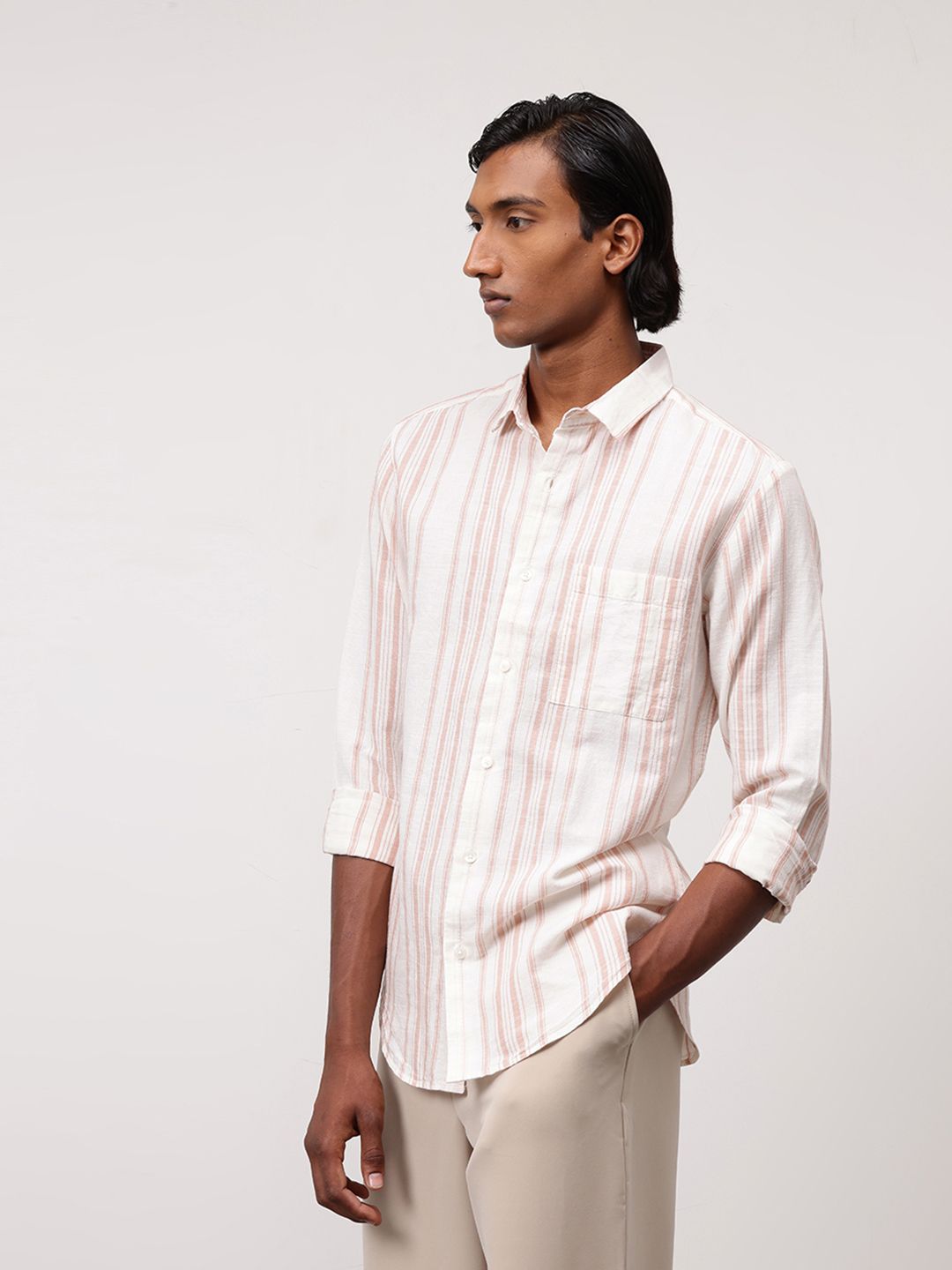 ether Men Classic Fit Cotton Linen Striped Shirt