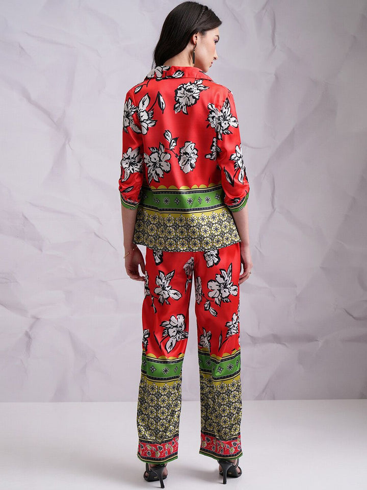 Tokyo Talkies Red Printed Lapel Collar Neck Blazer & Straight Trouser