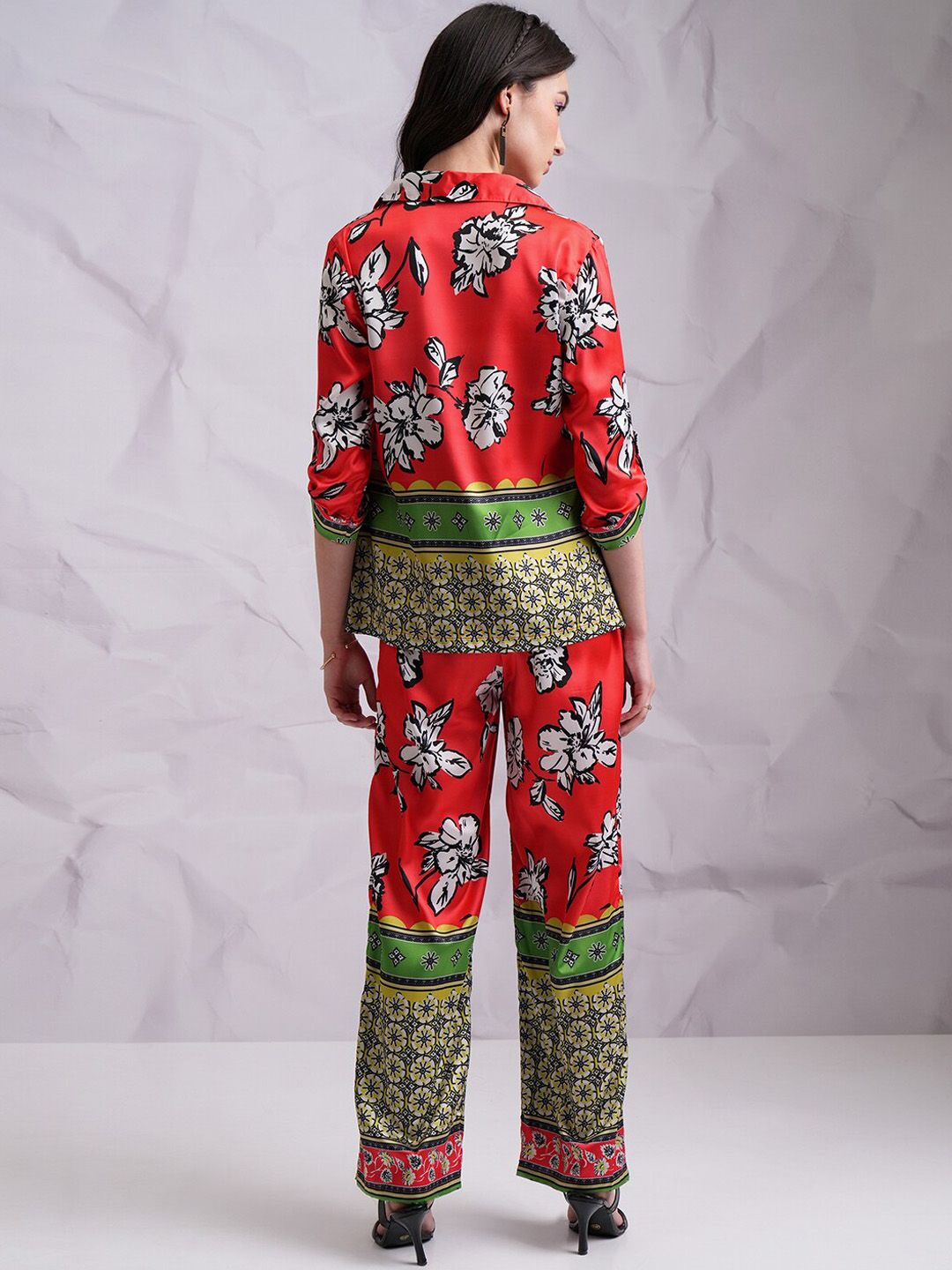 Tokyo Talkies Red Printed Lapel Collar Neck Blazer & Straight Trouser