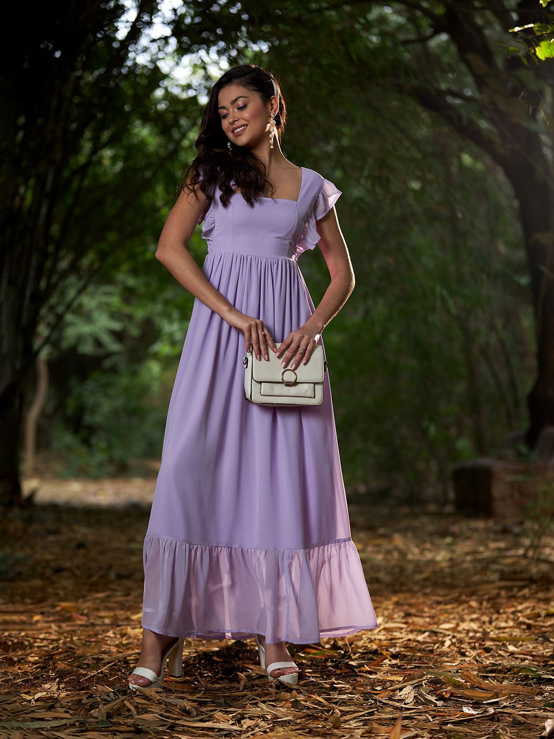 SASSAFRAS Fluttered Sleeves Georgette Maxi Dress