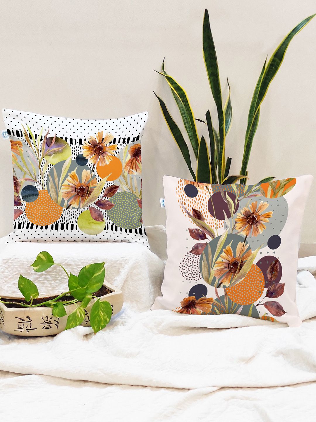 STITCHNEST Yellow & White Set of 2 Floral Square Cushion Covers