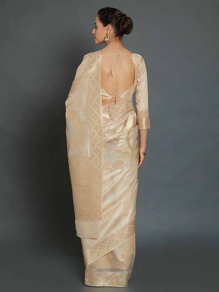 Saree mall Cream & Gold Toned Floral Silk Blend Banarasi Sarees
