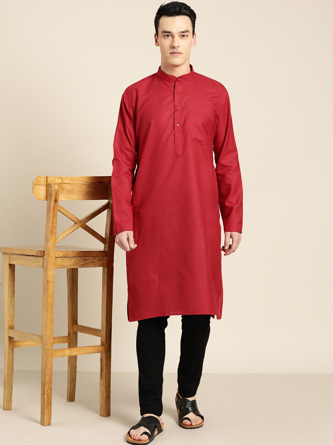 SOJANYA Men Maroon Solid Straight Kurta