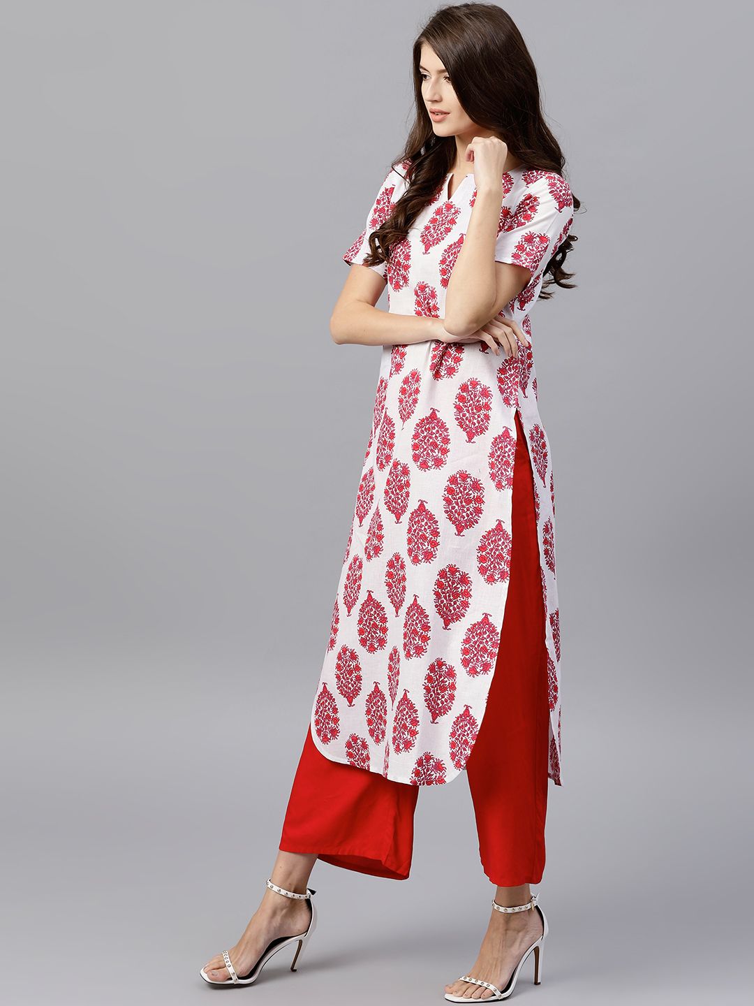 Gerua By Libas Women White  Pink Printed Straight Kurta