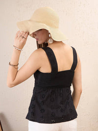 SASSAFRAS Blacl Self Design Schiffli Shoulder Strap Top