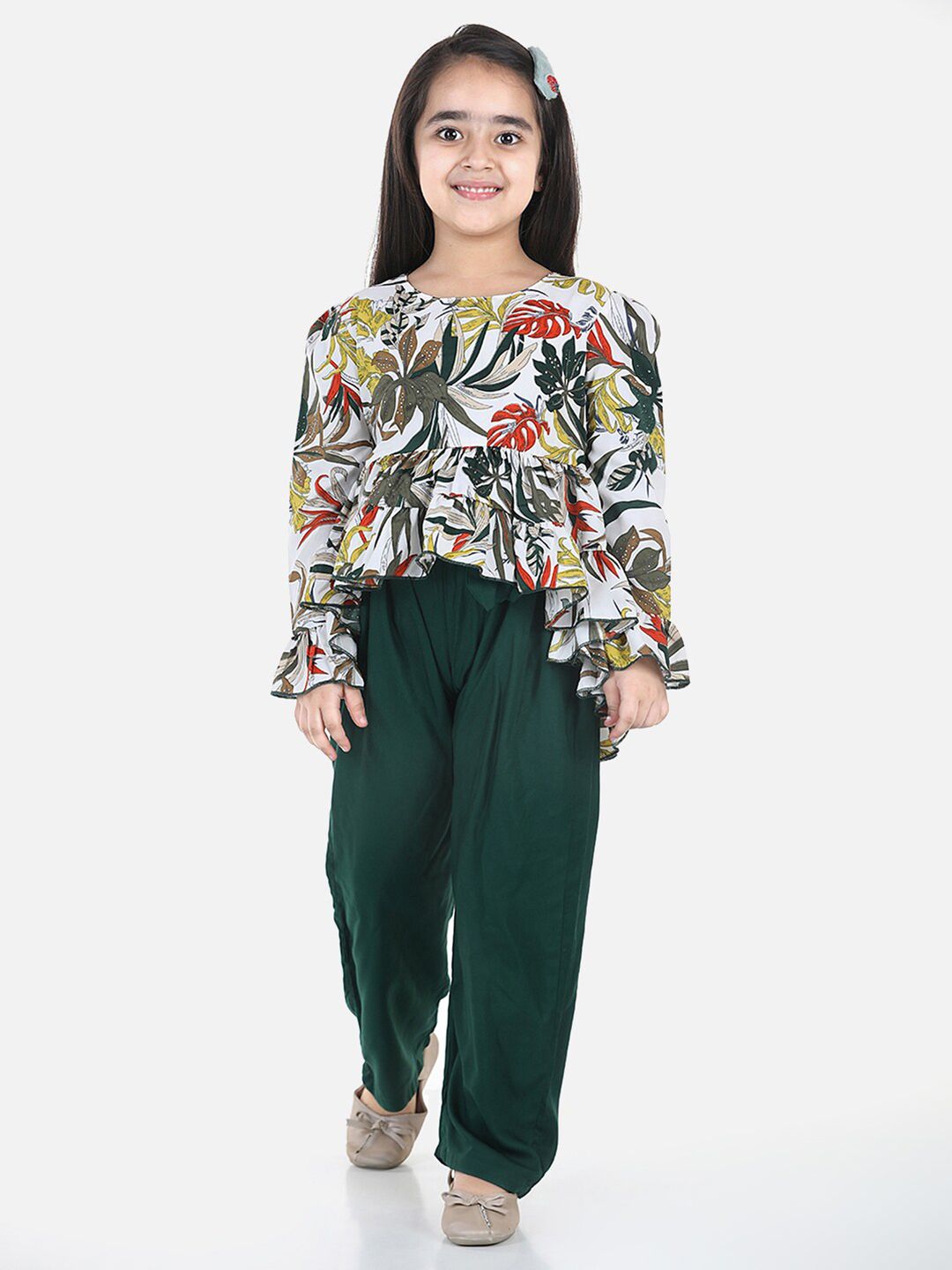 Cutiekins Girls Green & White Printed Top with Palazzos