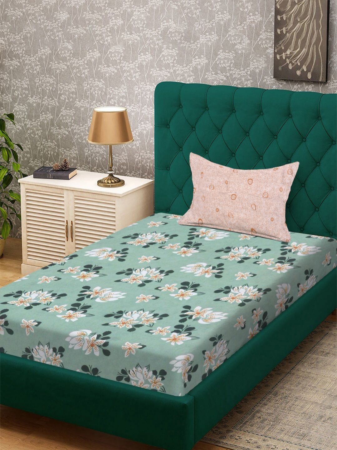 Aura Green & White Floral 300 TC Single Bedsheet Set-2.25 X 1.50 m