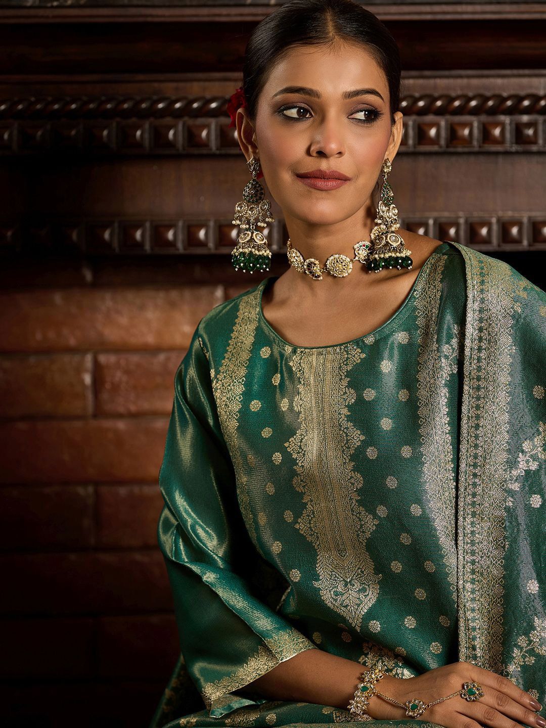 Indo Era Ethnic Motifs Woven Design Zari Straight Kurta With Trousers & Dupatta