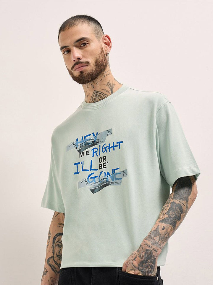 THE BEAR HOUSE Men Typography Printed Round Neck Cotton Oversized T-shirt