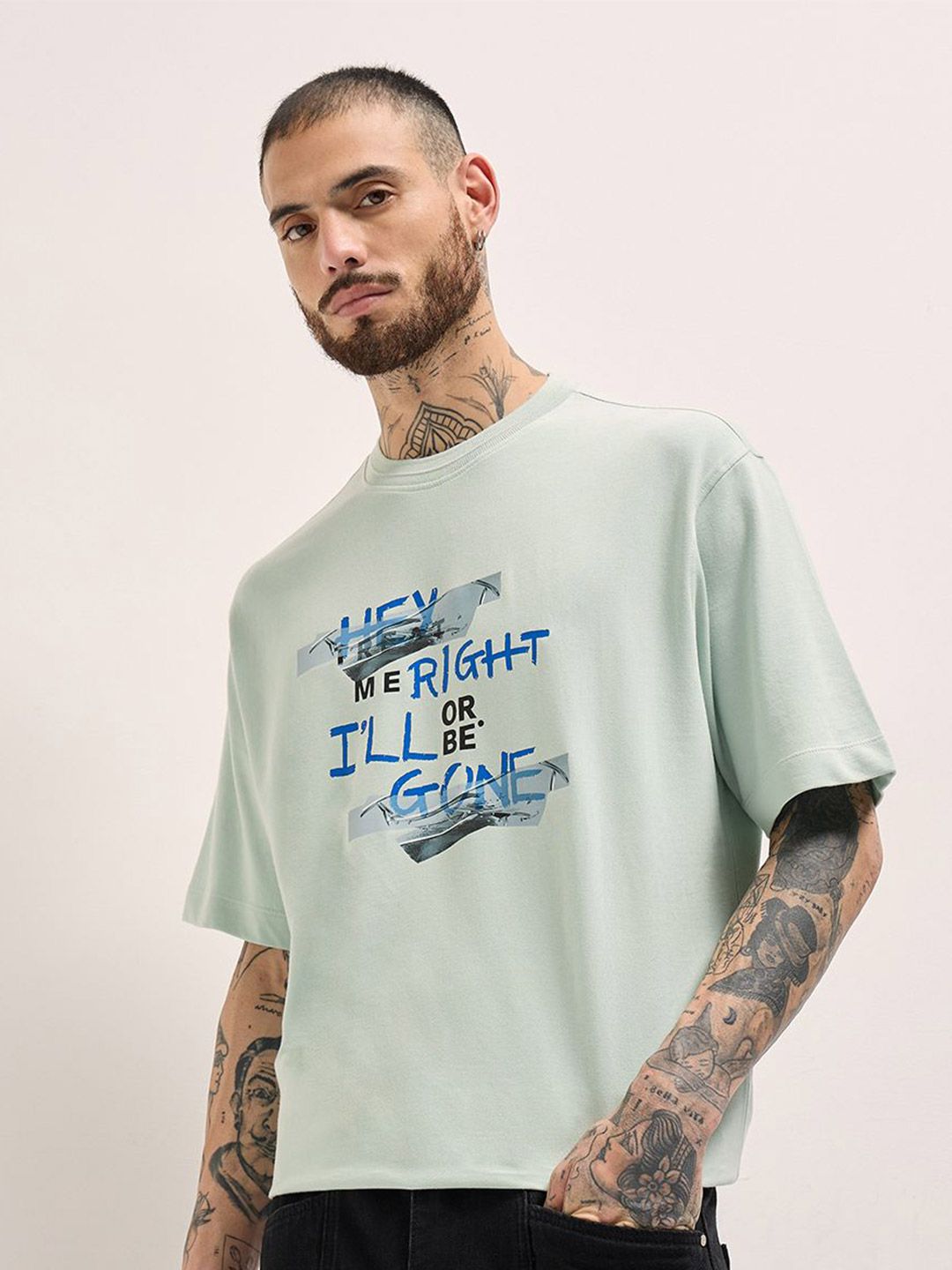 THE BEAR HOUSE Men Typography Printed Round Neck Cotton Oversized T-shirt