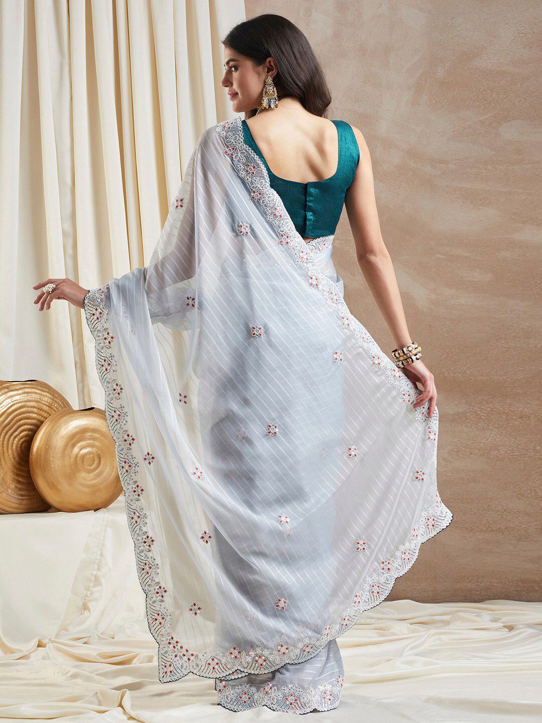 Saree mall Grey Floral Embroidered Beads and Stones Poly Georgette Saree