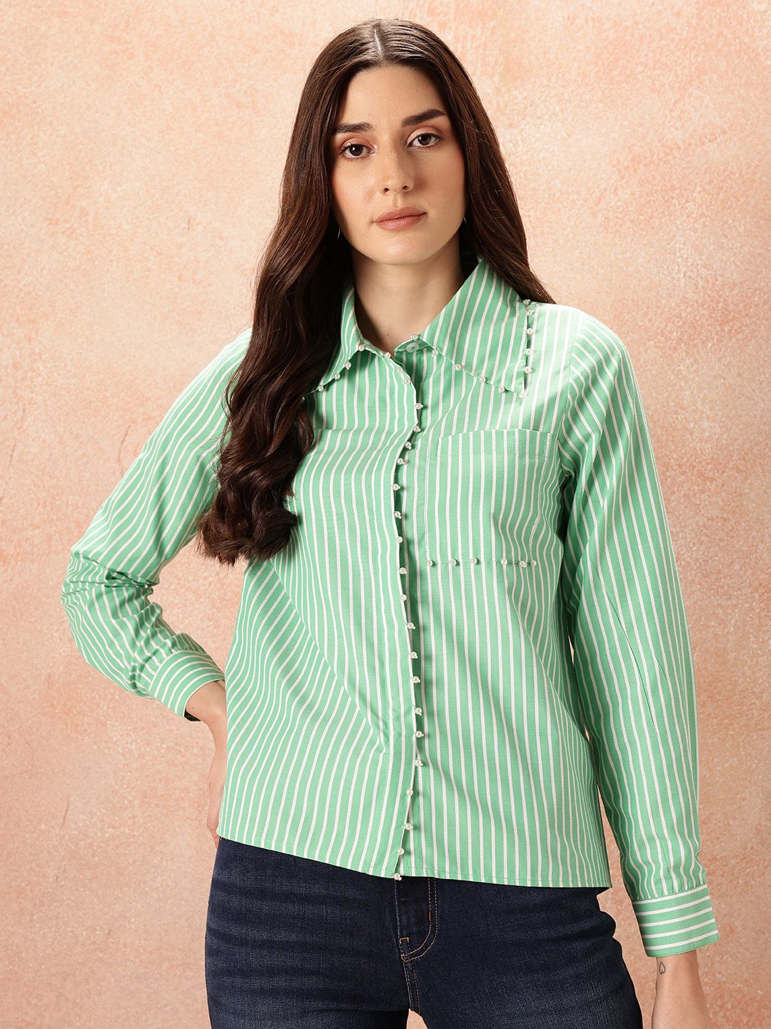 all about you  Studded Striped Pocket Detail Casual Shirt