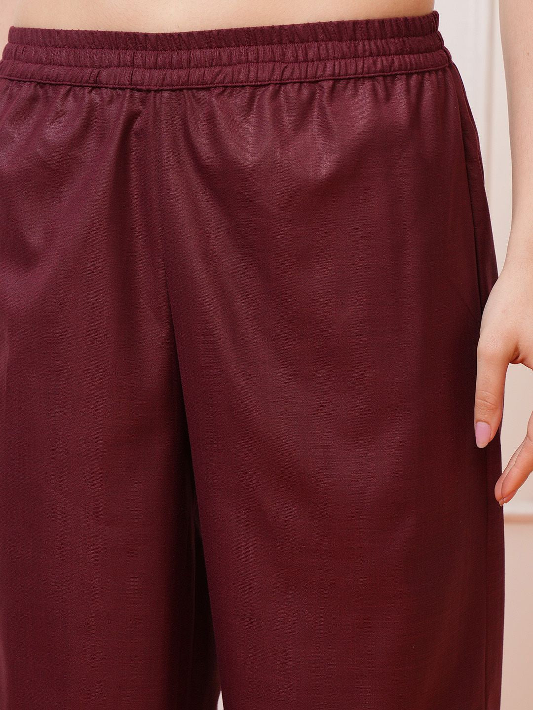 Vishudh Burgundy Ethnic Motifs Yoke Design Thread Work Kurta with Palazzo & Dupatta